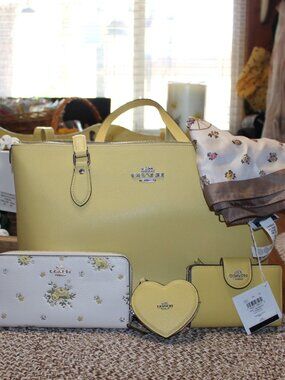 NWT COACH TOTE/PURSE, CONTINENTAL WALLET/COIN PURSE KEY FOB/ WALLET/SCARF SET!